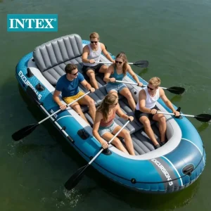 Intex 66325 Sport Series Boat Excursion 5 Person Inflatable Outdoor Fishing Raft Boat Set
