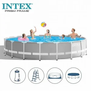 Intex 26720 Prism Frame Pool 14’x42“ Round Premium Above Ground Pool Set For Adults Grey