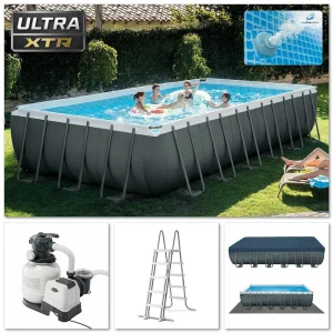 Piscina Intex 26364 Large Steel Frame Rectangular Above Ground Pool With Sand Filter Pump 24x12x52