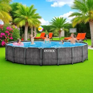 Piscina Intex 26744 Greywood Steel Frame Round 18ft Large Above Ground Pool Set 18x48